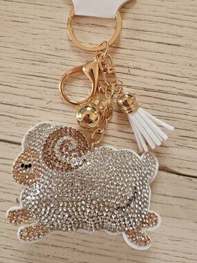 Gameday Rhinestone Ram Keychain Charm | White Tassel | Bling Bag Charm